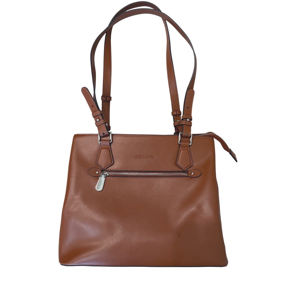 Bostanten Brown Leather Shoulder Bag Handbag Zipper Buckle Straps 13.5" Wide